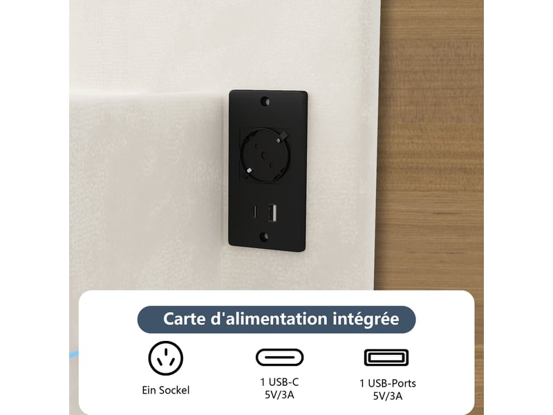  Lit double 160x200 cm,lit double led ,port usb-c, lit flottant, cadre de lit 160x200 cm, velours, blanc et noir  - Conforama W