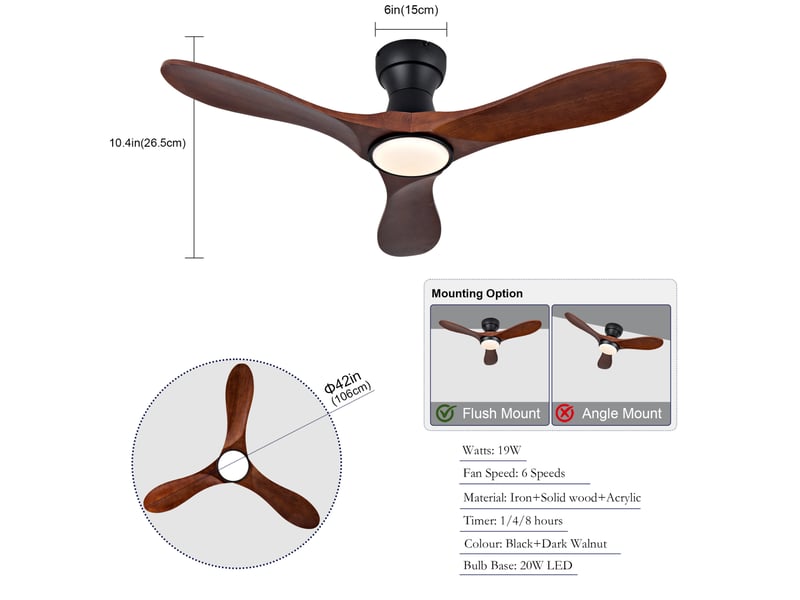Ventilateur de plafond 42 pouces avec éclairage et télécommande – noir et noyer foncé – 6 vitesses - Conforama C