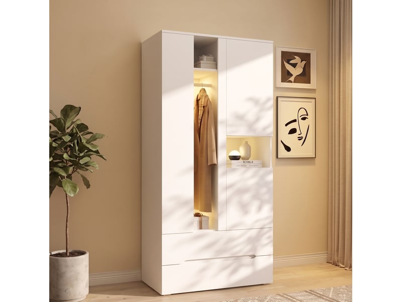  Armoire battante 90x50x200 cm avec led, 3 portes, 2 tiroirs, 6 compartiments, mdf et métal, blanc, rangement chambre  - Conforama B