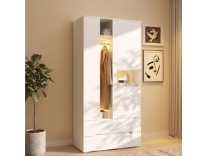 Armoire battante 90x50x200 cm avec led, 3 portes, 2 tiroirs, 6 compartiments, mdf et métal, blanc, rangement chambre