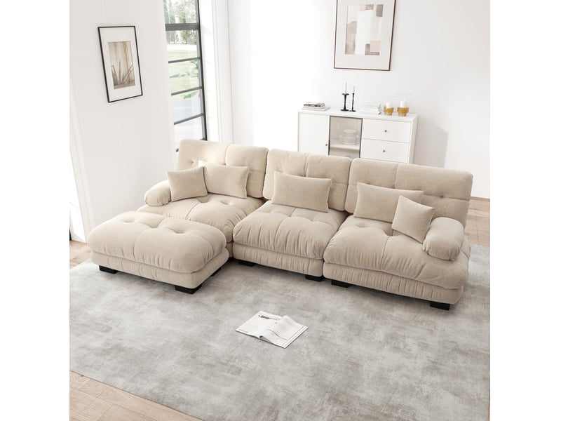 Canapé d'angle modulable modenvie 3 places avec ottomans mobiles 313 x 145 x 81 cm chenille café clair - Conforama D