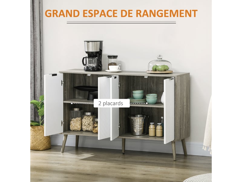  Buffet bas meuble de rangement 2 placards 4 portes motif chevrons réglables étagères 120 x 35 x 77,4 cm blanc et gris  - Conforama A