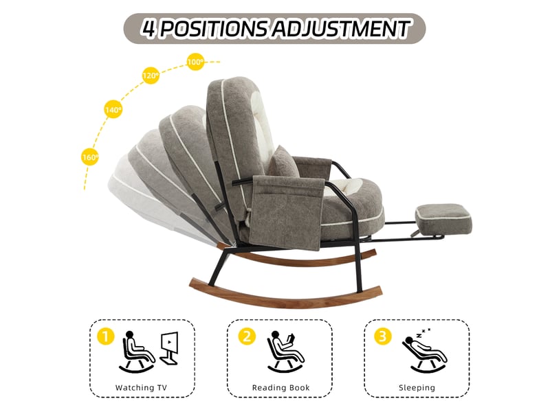  Fauteuil à bascule surdimensionné pour terrasse avec repos-pieds, poche latérale, coussin rembourré, dossier réglable, gris clair  - Conforama R