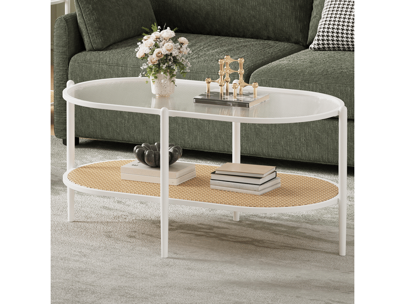  Table basse ovale en rotin - plateau en verre trempé ondulé - 2 niveaux avec étagère - cadre métal renforcé - 95 x 50 x 46 cm ，blanc PHK_346K9WCN - Conforama C