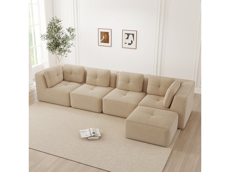  Canapé d’angle modulable 4 places en velours côtelé beige - 386 x 177 x 69 cm  - Conforama C