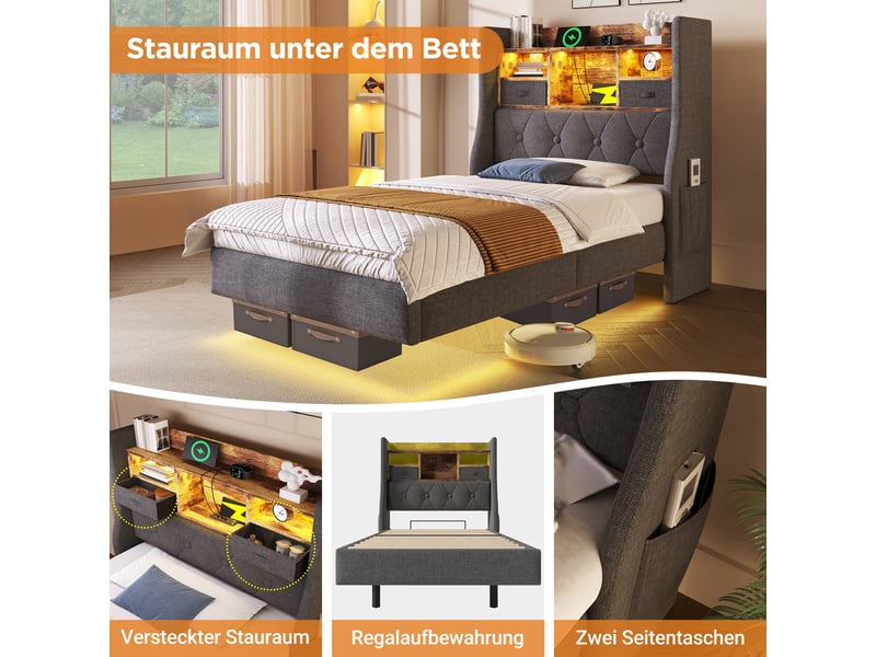  Lit simple, lit enfant 90x200 cm, rangement intégré, tête de lit avec rangement, led, usbusb-c, lin gris, matelas inclus  - Conforama R