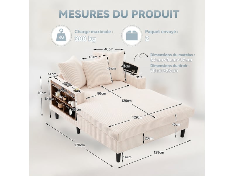  Chaise longue beige en velours côtelé avec led, rangement et usb, 1 place  - Conforama E