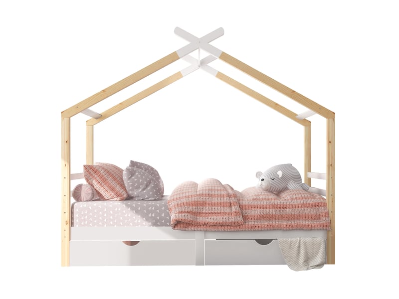  Lit cabane enfant avec 2 tiroirs 90x200 cm blanc et bois  - Conforama A