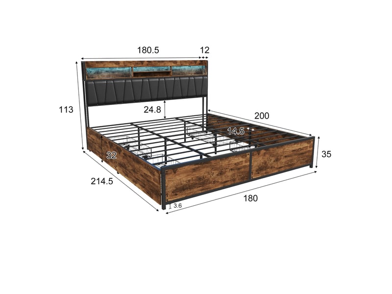  Lit double 180x200 cm avec 4 tiroirs et led, lit adulte avec ports usb et tête de lit capitonné, style industriel, noir  - Conforama E