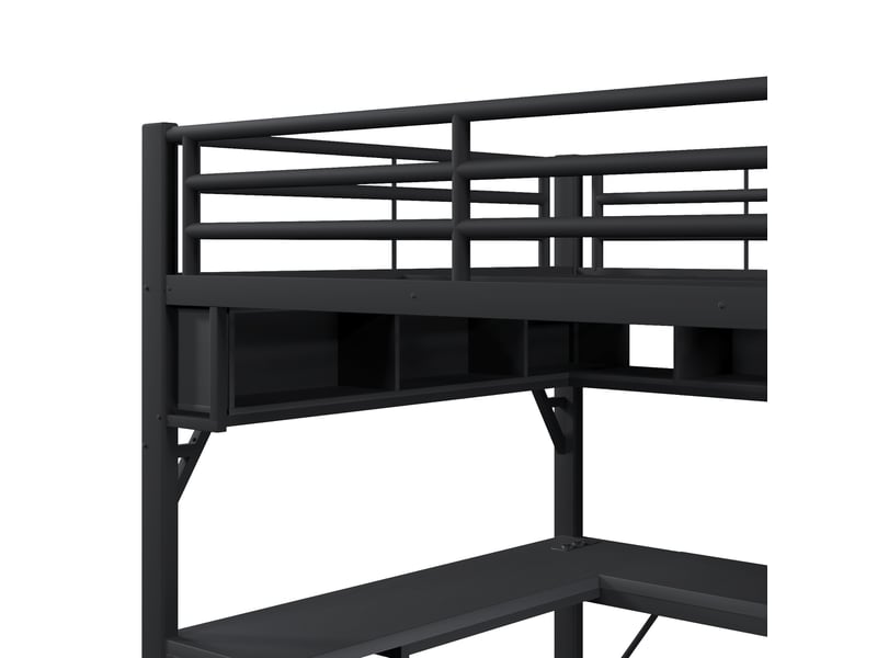 Lit mezzanine gaming 140x200 cm noir, avec bureau, rangements, étagères, placard, led, usb, structure métal, sommier inclus, sans matelas - Conforama E