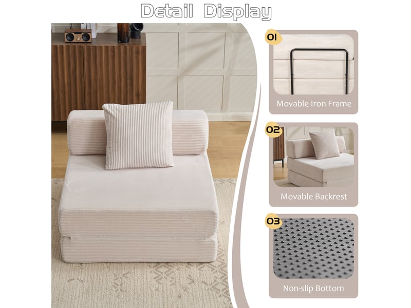  Canapé convertible 1 place modenvie, sofa de sol en velours côtelé blanc avec coussin de dossier et accoudoirs  - Conforama E
