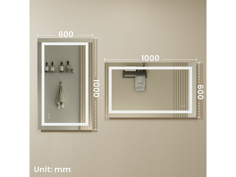  Miroir led 100 x 60 cm, miroir lumineux mural, fonction antibuée, 3 températures de couleur 3000k4500k6000k, luminosité réglable, rectangulaire  - Conforama E