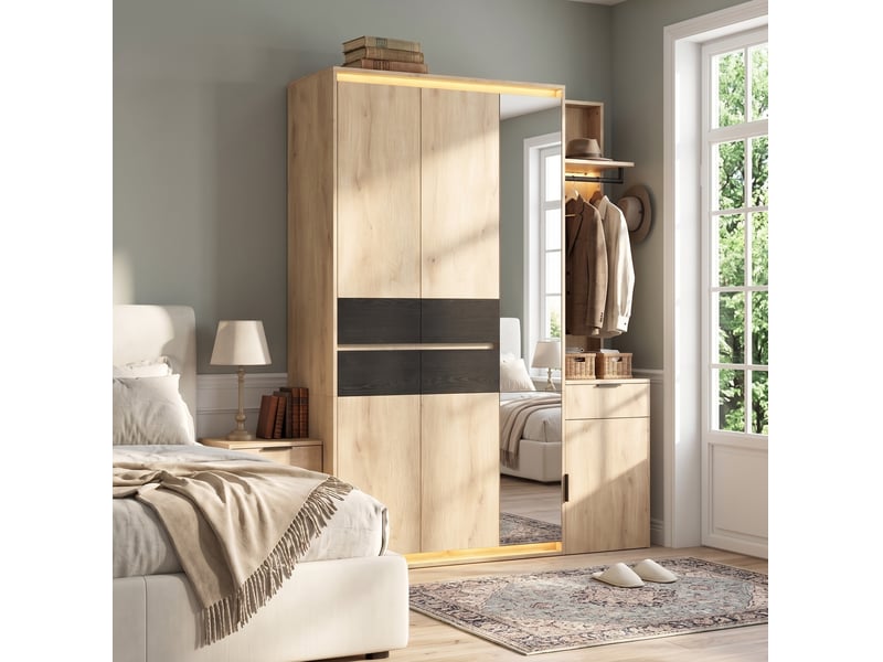  Armoire vestiaire 155x47x200 cm avec miroir et éclairage led, mdf, bois clair, meuble de rangement entrée et dressing  - Conforama D