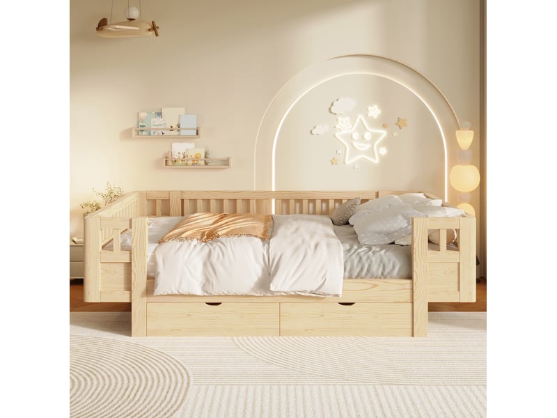  Lit plateforme 140x200 cm, barrières hautes, 2 tiroirs, structure bois et mdf, bois clair, sans matelas  - Conforama E