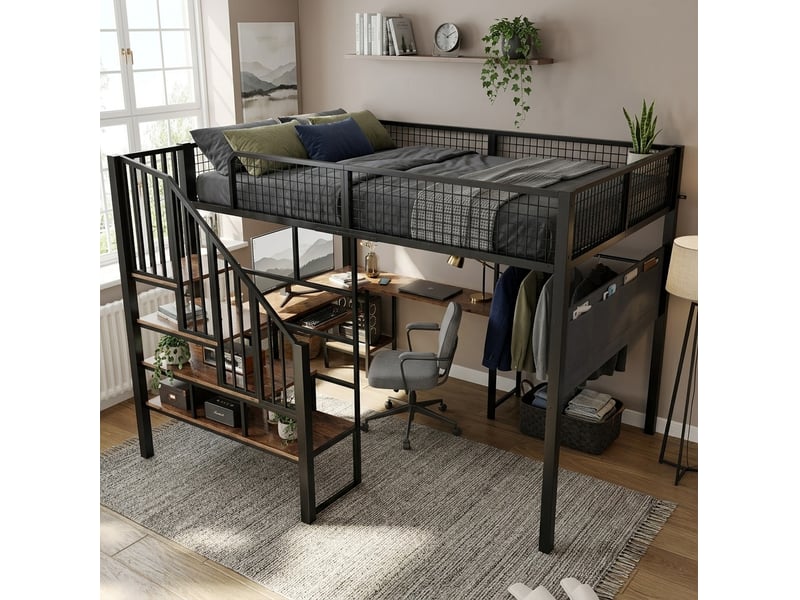  Lit mezzanine 140 × 200 cm 2 places avec bureau d'angle, port de charge, tiroir clavier et poche, sans matelas, noir vintage  - Conforama B