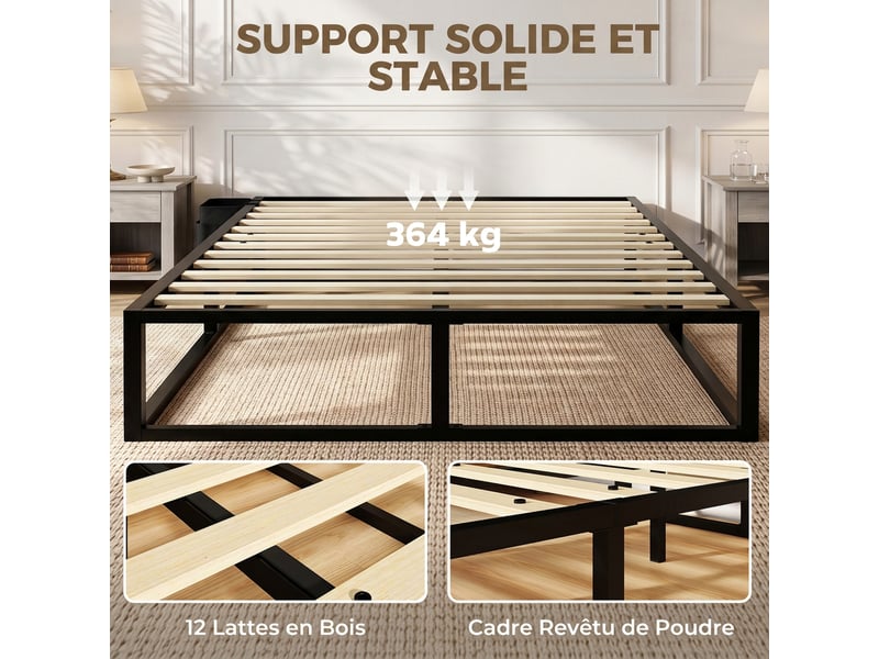  Cadre de lit 140 x 190 cm avec sommier, lit double avec pochette de rangement, support à lattes en bois, noir  - Conforama E