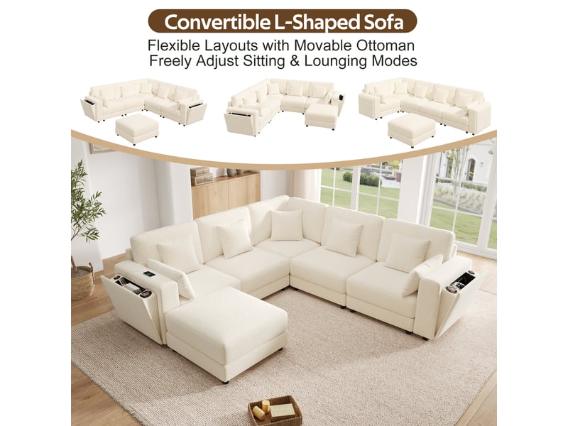  Canapé modulable 6 places d'angle en ul beige tissu chenille avec usbtype-c, rangement et porte-gobelet  - Conforama C