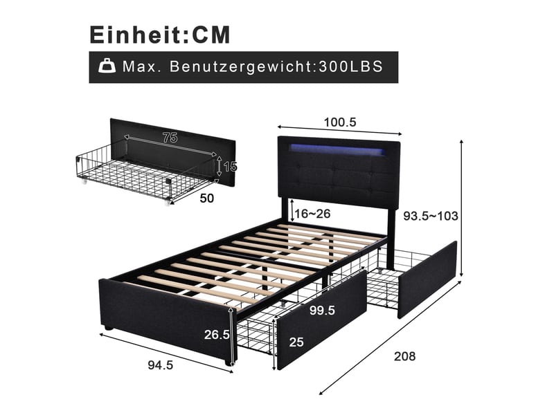 Lit rembourré tcqpz 90 x 200 cm noir led 2 tiroirs tête de lit réglable sommier à lattes en bois - Conforama C