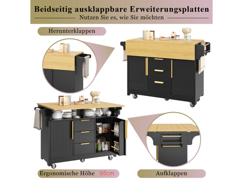 Îlot de cuisine multifonction: extension escamotable, portes à motif vertical, plateau coulissant et buffet sur roulettes - Conforama E