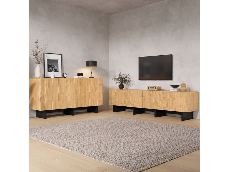  Ensemble meuble tv et buffet 4 portes3 portes bois naturel et accents noirs  - Conforama C
