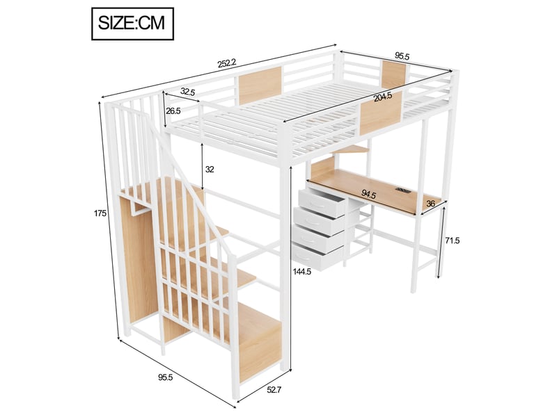  Lit mezzanine 90*200 en métal avec bureau, étagères, penderie, led et prise, blanc pour petit espace  - Conforama B