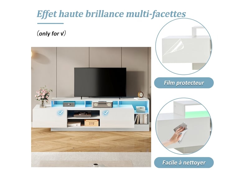  Meuble tv 190 cm blanc brillant avec led pour tv jusqu'à 70 pouces, 2 portes abattantes et rangement ouvert  - Conforama R