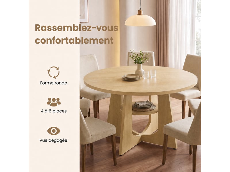  Table à manger ronde avec pied central et étagère, 120 x 120 x 75 cm, beige chêne  - Conforama C