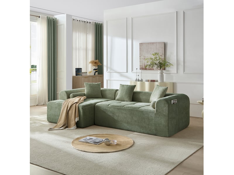  Canapé d'angle tcqpz 4 places 263 x 132,5 x 68 cm en chenille vert avec poche latérale  - Conforama D