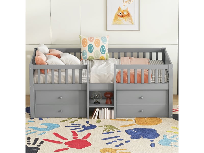  Lit mi-hauteur gris 90x200 cm avec 4 tiroirs de rangement, échelle et barrière, structure en bois de pin, style minimaliste pour chambre d'enfant.  - Conforama R