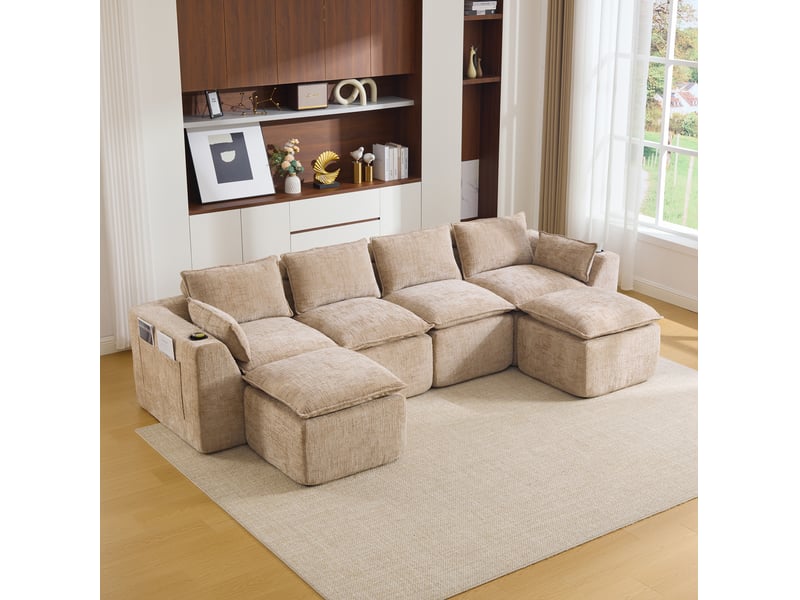  Canapé modulable 4 places avec 2 poufs en chenille kaki  - Conforama B