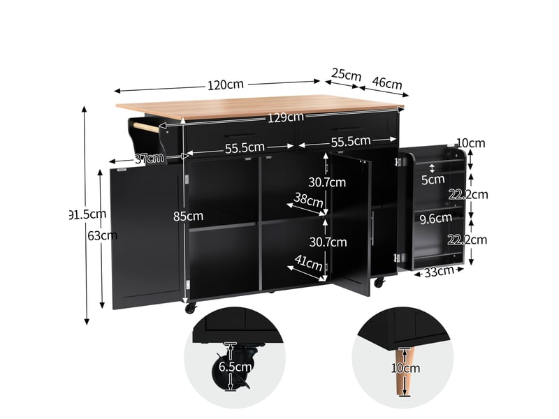  Desserte de cuisine 129 x 46 cm extensible, 2 tiroirs, roulettes, noir et bois  - Conforama C