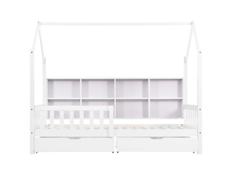  Lit cabane enfant 90x200, garde-corps sécurité lit enfant, étagères intégrées, deux tiroirs rangement, structure pin massif  - Conforama E