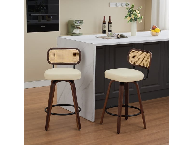 Lot de 2 tabourets de bar 42x56x90cm – avec dossier en rotin et assise rembourrée – noyer et beige - Conforama D