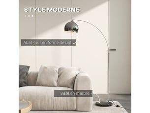Lampadaire lampe de salon arc réglable pied marbre vintage style 40w e27 dim. 100-115l x 30l x 170-180h cm noir gris