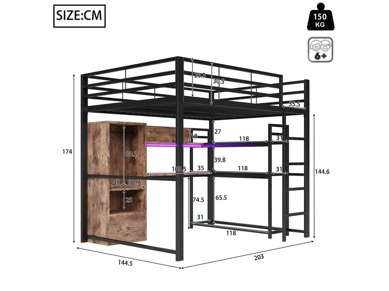  Lit mezzanine 140x200cm coloris noir led métal et mdf lit enfant noir - Conforama C