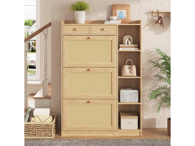  Meuble à chaussures étroit 90x24x130 cm avec 3 portes abattantes rotin et 2 tiroirs, couleur naturel  - Conforama R