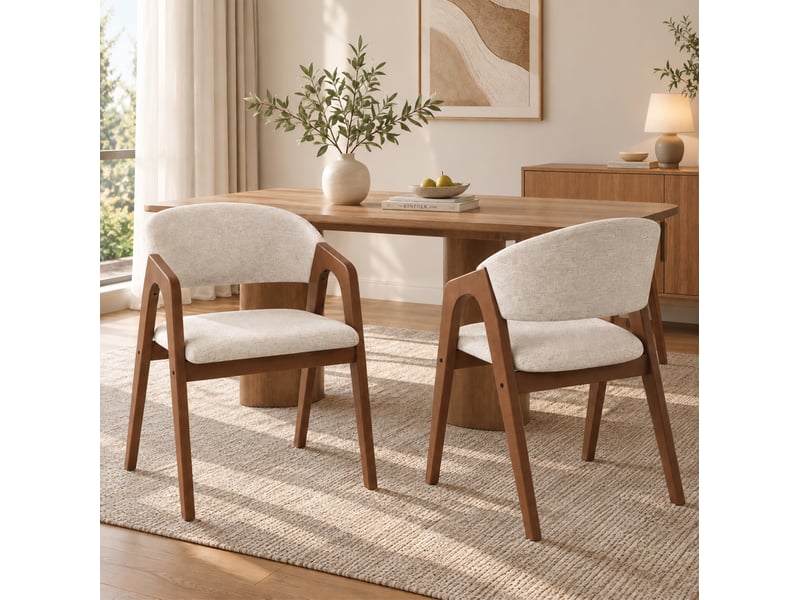  Lot de 4 chaises de salle à manger avec accoudoirs, bois et lin, noyer et beige avoine  - Conforama D