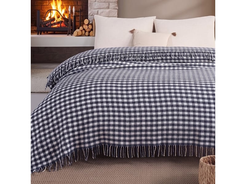 Couverture double en coton avec franges 220 x 180 ekose b - bleu - Conforama B