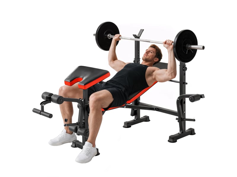  Banc musculation multifonctionnel, dossier réglable, support haltères, extension jambes, pupitre biceps, papillon, sallebureau, noir.  - Conforama A