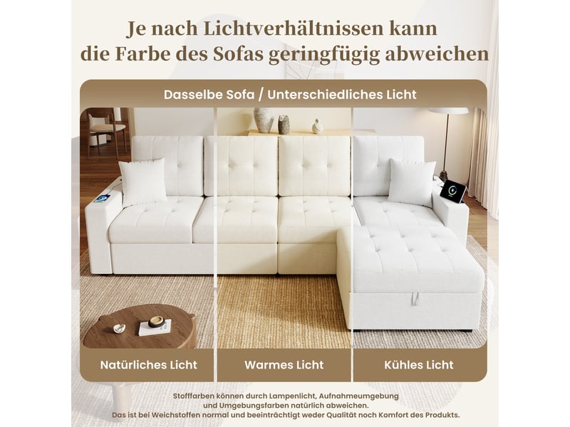  Canapé d'angle modulable 4 places beige avec pouf de rangement, ports usbtype-c et éclairage led, tissu lin respirant  - Conforama W