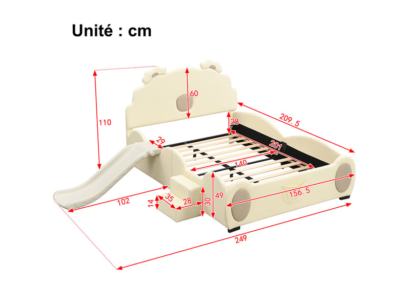  Lit enfant 140x200 cm - lit double avec toboggan ludique et papillons décoratifs, sans matelas, pu et mdf, beige  - Conforama C
