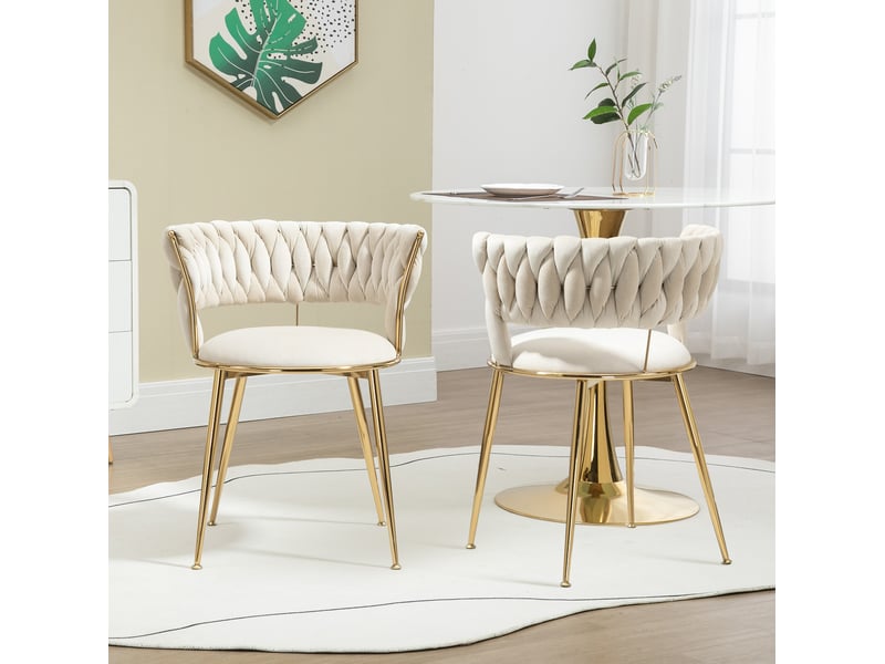 Chaise de salle à manger tcqpz lot de 2 en velours ivoire avec accoudoirs dossier ajouré pieds en métal doré 57 x 43 x 70 cm  - Conforama D