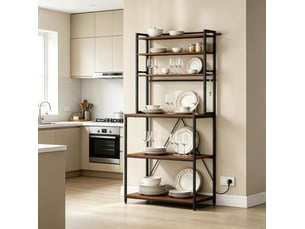 Étagère cuisine avec prises 80 x 167 x 40 cm – station café – métal et panneau de particules – marron rustique