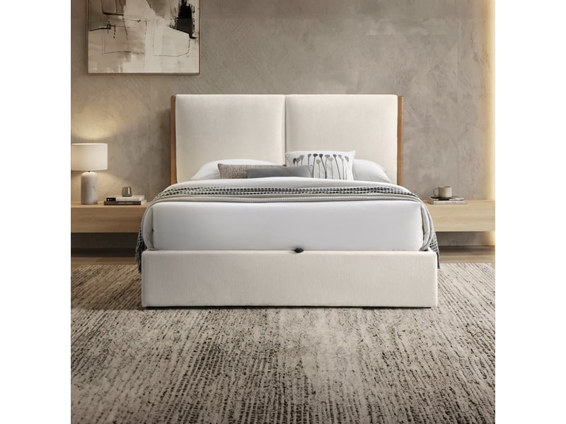  Lit double en tissu beige et bois avec coffre 140x190 cm JUNA-140X190-BEI - Conforama C