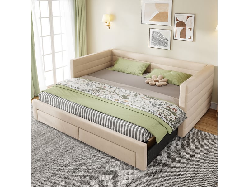  Lit 3-en-1 évolutif, 90x190 cm, espace nuit, avec tiroirs pratiques, matelas non inclus, mdf et métal, coloris beige  - Conforama D