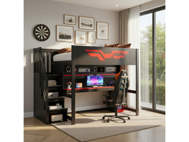  Lit superposé pour enfant 140 x 200 cm, avec bureau, escalier intégrant des rangements, éclairage led et port usb, noir  - Conforama B