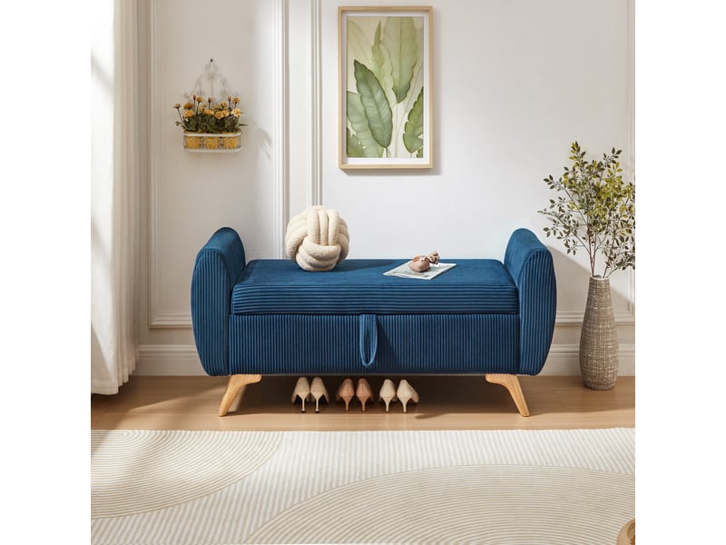  Banquette pliable en velours côtelé avec coffre de rangement, pieds en bois, 145 cm, chambre et entrée  - Conforama B