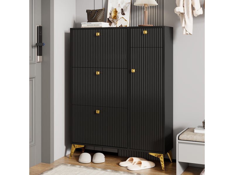  Meuble à chaussures 90 x 25 x 121 cm – 3 tiroir à couvercle rabattable, 1 tiroirs coulissants et 1 porte d'armoire - mdf - noir  - Conforama B