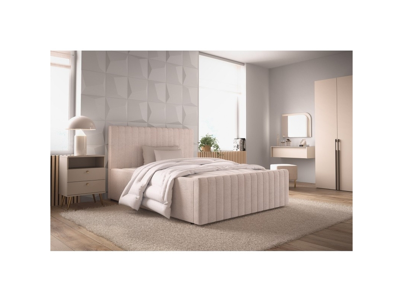  Lit double eloria 160x200 en tissu bouclé beige avec tête de lit capitonnée et sommier inclus  - Conforama B