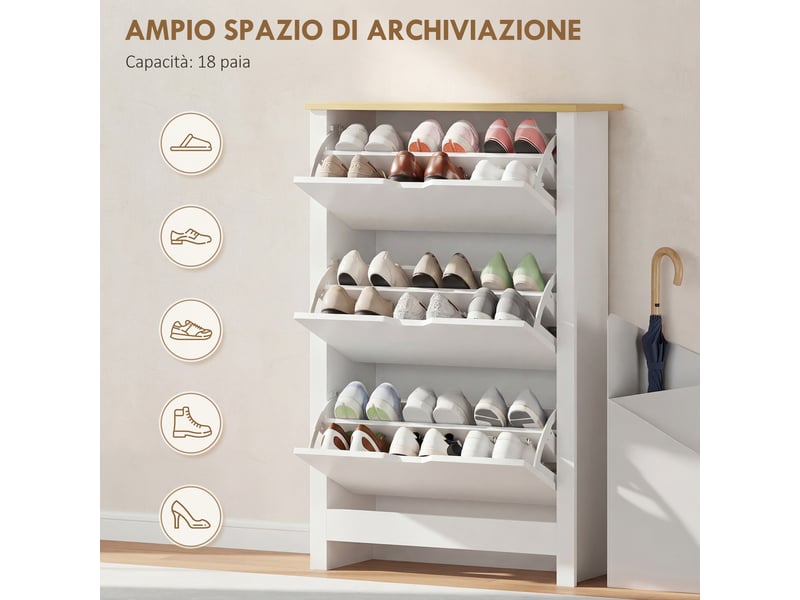  Étagère à chaussures étroite pour 18 paires de chaussures, 3 tiroirs et 2 étagères réglables et amovibles, 72 x 26 x 112 cm, blanche  - Conforama E
